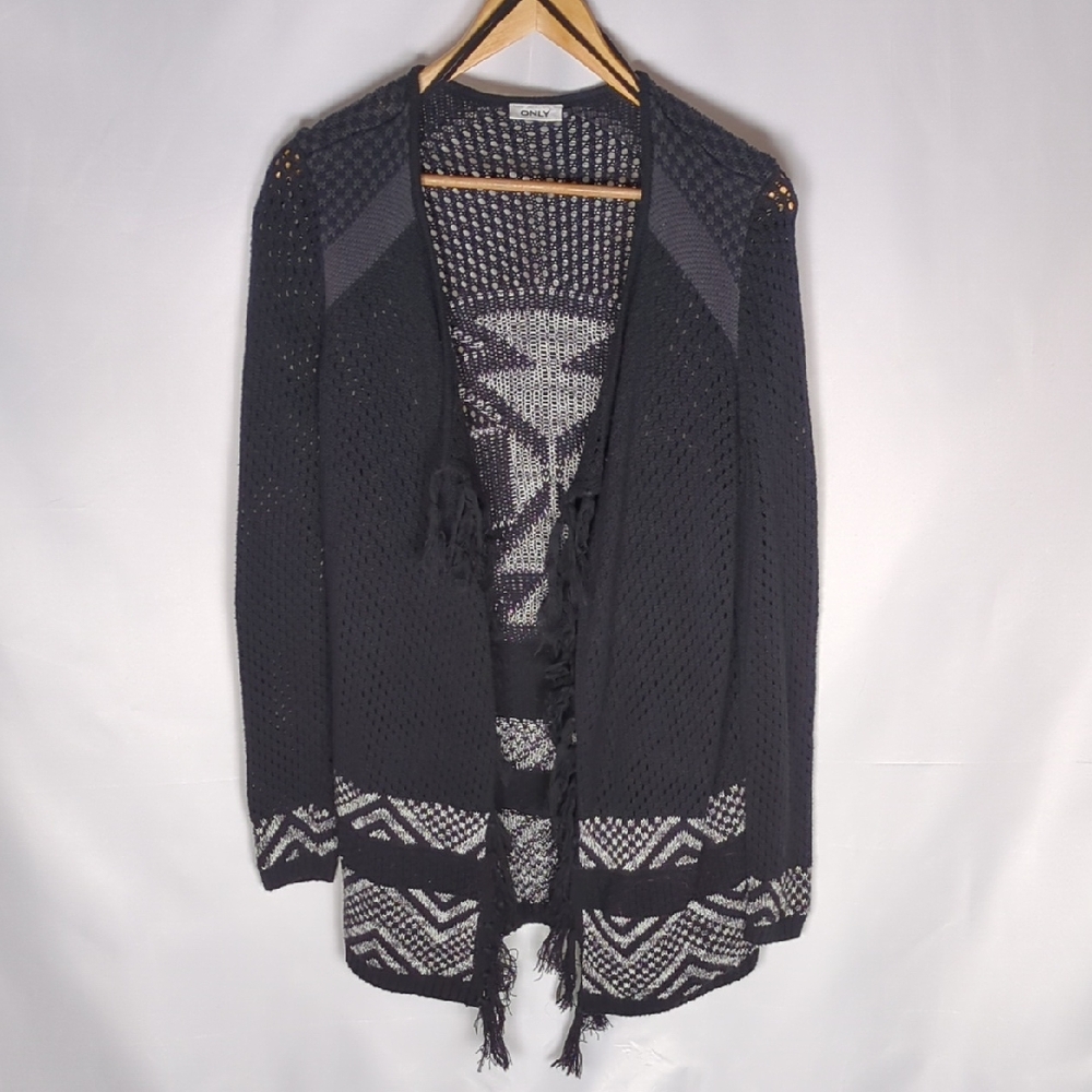 ONLY Black Open Knit Boho Cardigan with Geometric Pattern & Fringe - Small